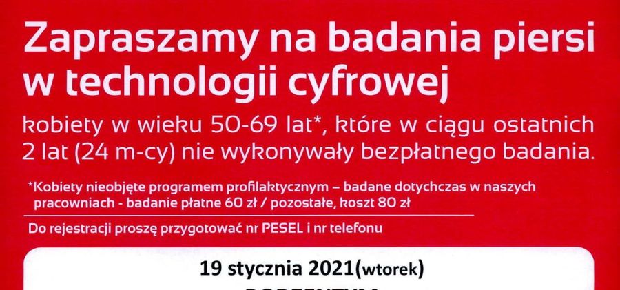 19 stycznia darmowe badania mammograficzne w Bodzentynie
