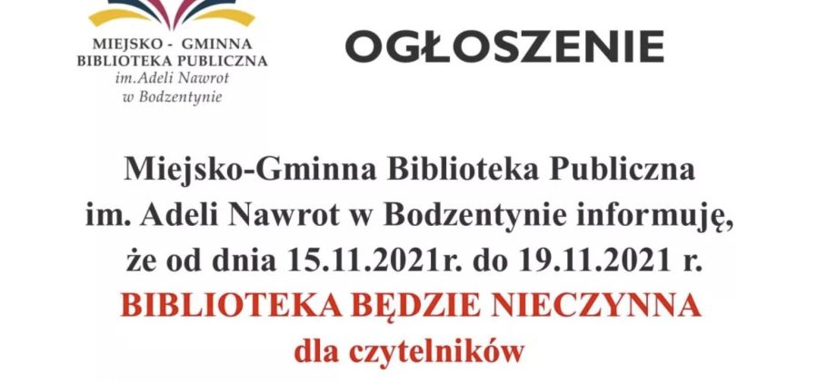 Miejsko-Gminna Biblioteka Publiczna w Bodzentynie ponownie nieczynna od 15 do 19 listopada