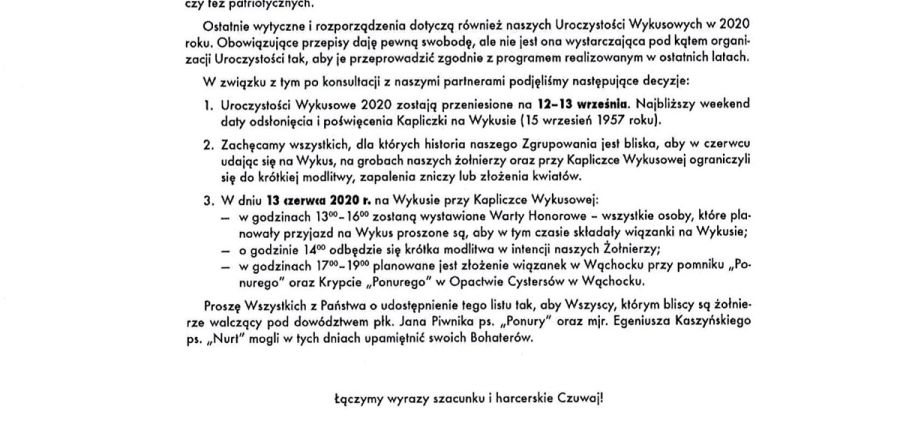 Zmiana terminu Uroczystości Wykusowych 2020